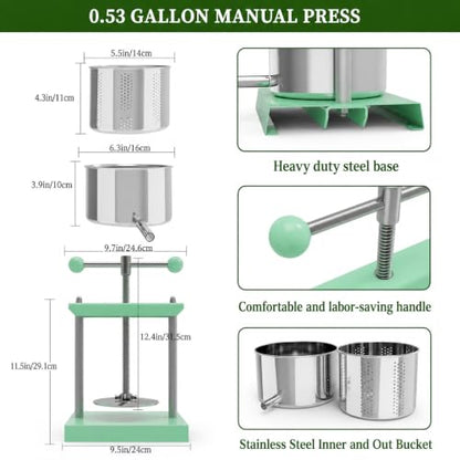 Manual Fruit & Cheese Press with Stainless Steel Basket - color: Green, size: 0.53 Gallon