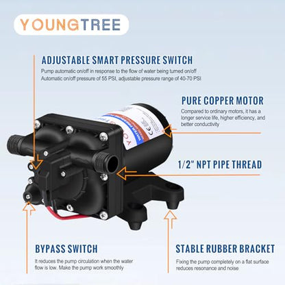 YOUNGTREE 12V RV Water Pump 3.5GPM 55PSI On Demand Fresh Water Pressure Diaphragm Pump 12 Volt Self Priming with Pressure Switch for RV Camper Marine Sprayer Outdoor Shower Kitchen Garden - color: Black2