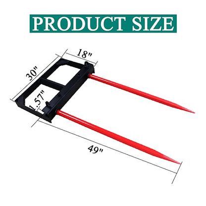 49" Dual Hay Bale Spear Attachment, 3000lbs Load Capacity Universal Front Skid Steer Tractor Loader Bucket, 2 Chains and Ratchet Binders Included