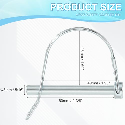 PATIKIL Trailer Coupler Pin 5/16" x2-3/8, 4 Pcs Wire Lock D Shape Safety Shaft Locking Round Pto Pins for Farm Trailers Lawn Hitches Garden Tractor Kayak Boat, Silver (8x60mm) - size: 5/16" x 2-3/8"