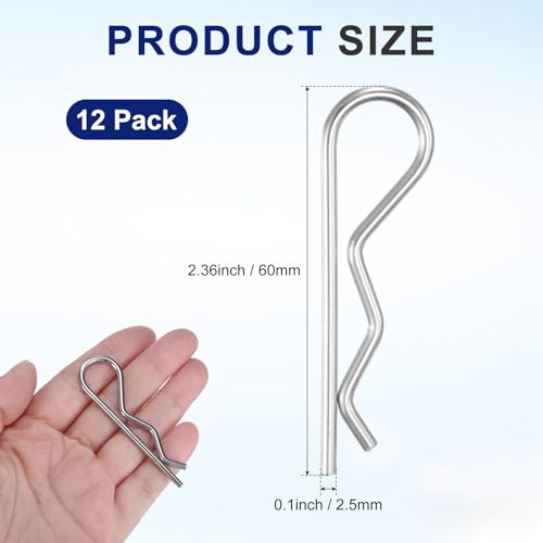 M METERXITY 12 Pcs Hitch Pin, M2.5 x 60mm 304 Stainless Steel Trailer Hitch Pin Clips R Clips Cotter Pins for Tractor/Lawn Mower/Trucks/Engine Repair, Hardware Pins Lock System [Silver] - size: M2.5 x 60mm