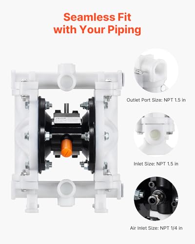 VEVOR Air Operated Double Diaphragm Pump, 4.4 GPM, 1-1/2 inch Inlet & Outlet Pneumatic Waste Oil Transfer Pump, Max 100 PSI, Polypropylene Body, Air-Operated for Diesel, Grease, Kerosene, Gasoline - style: 1-1/2 inch 4.4GPM Polypropylene