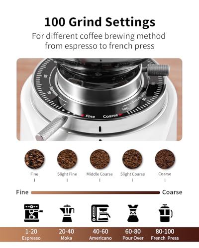 SHARDOR 64mm Flat Burr Coffee Grinder, 100 Settings, Anti-Static, White - color: White
