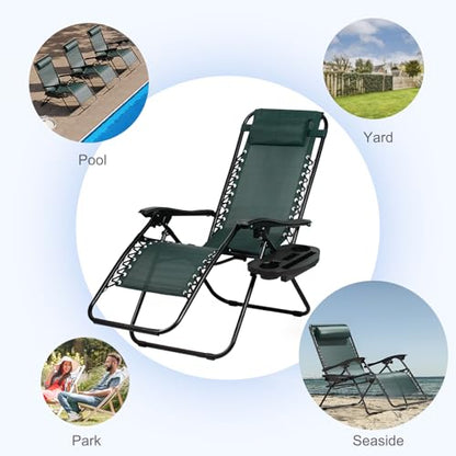 Nazhura Set of 2 Relaxing Recliners Patio Chairs Adjustable Steel Mesh Zero Gravity Lounge Chair Beach Chairs with Pillow and Cup Holder (Dark Green) - color: Dark Green