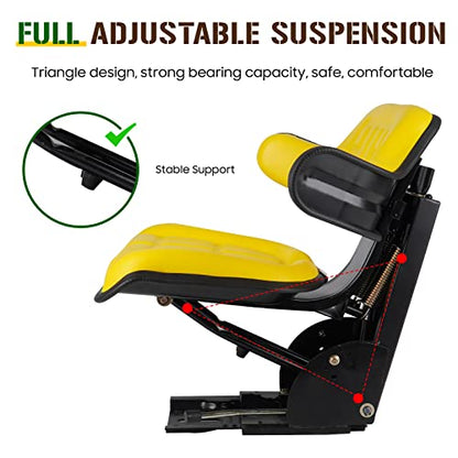 Yellow Universal Adjustable Tractor Suspension Seat for John Deere 1020, 1530, 2020, 2030, 2040, 2155, 2130, 2140, 3040, 3140, 3030, 920，930，830, 548D, 648D, TY24763 Shock Absorbing Alloy Steel PVC