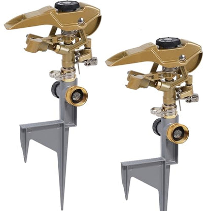 Biswing 2 Pack Impact Sprinklers on Metal Step Spike, Heavy Duty Zinc Alloy Lawn Sprinkler Head on Spike Base, Adjustable 360 Degree Watering Sprinkler for Large Area Grass Garden Irrigation - style: With Stake