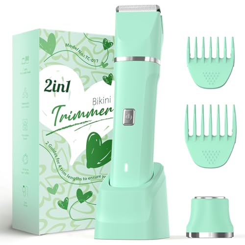 Risina 2-in-1 Bikini Trimmer for Women, Body Hair Trimmer, Electric Shaver | IPX7 Waterproof, Rechargeable, Ceramic Blades, 2 Heads for Bikini Area, Pubic Hair, Face, Legs, Underarms; Wet/Dry - color: Green
