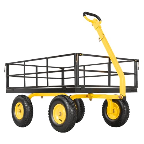 VEVOR Steel Garden Cart, 1200 lbs Heavy Duty Pullable Garden Wagon Yard Cart, 2 in 1 Outdoor Metal Utility Wagon Yard Trailer with 13" All Terrain Tires, Mesh Detachable Sides and 180° Rotating Handle - color: Yellow + Black