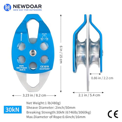 NewDoar CE Certified 30KN Large Rescue Single/Double Pulley with Swing Plate | Aluminum alloy 30kN/6746lb breaking strength,Fits rope up to 16mm ,Portable Ideal for rescue hauling & tree climbing - color: Blue-Double Pulley-2pc
