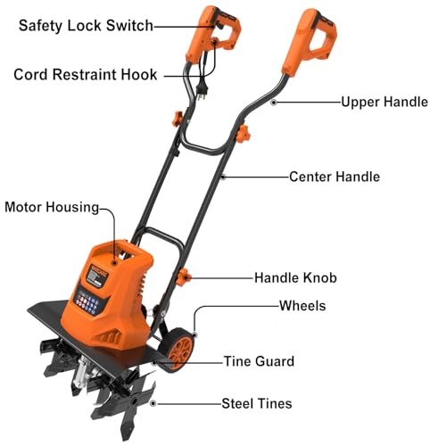 GARCARE 15A Electric Tiller Cultivator 18" Tiller for Gardening