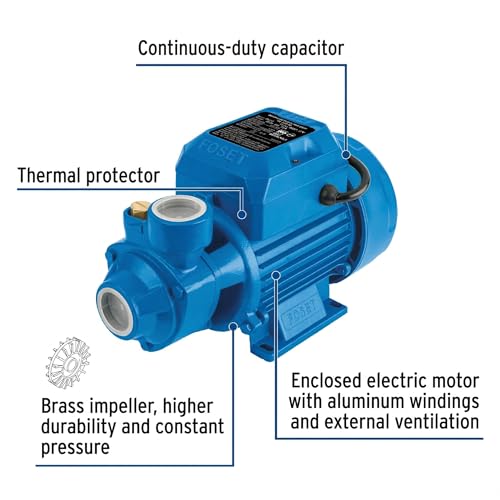 Foset Peripheral Water Pump for Agricultural Use, 1/2 HP, Max Head 25 m, Max Flow 31 L/min, 127 V / 60 Hz, 1-Inch NPT Inlet/Outlet, Brass Impeller, IPX4 (Model BOAP-1/2F / 49877)
