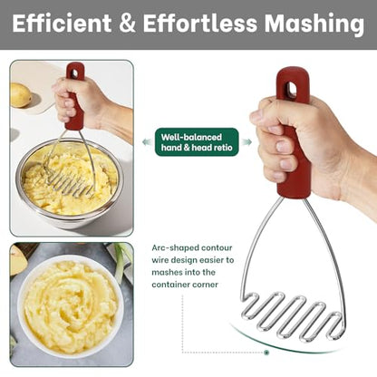 Beneno Ergonomic Soft Grip Stainless Steel Potato Masher, Black - color: Red