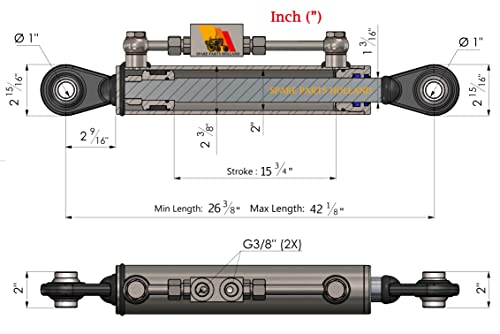 Hydraulic Top Link Cat. 2-2 with Locking Block Min. 26 3/8”→ Max. 42 1/8” with 2 x Hoses Stroke. 15 3/4"