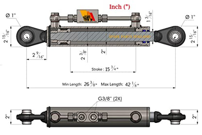 Hydraulic Top Link Cat. 2-2 with Locking Block Min. 26 3/8”→ Max. 42 1/8” with 2 x Hoses Stroke. 15 3/4"