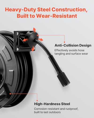 VEVOR Pressure Washer Hose Reel, 60 ft x 1/4 inch Retractable Power Heavy-Duty Steel Washer Hose Reel, 4000PSI Max, Auto-Rewinding, Flexible Wall/Floor Mounted for Car Washing,Garden,Floor Cleaning - size: 60 ft x 1/4 inch, 4000PSI