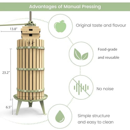 7.9 Gallon Green Fruit and Wine Press, Manual Cider Juice Maker with Solid Beech Wood Basket & Heavy-Duty Stand for Apples, Grapes, Berries - color: Green, size: 7.9 Gallon