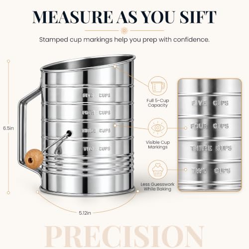 Bellemain Stainless Steel Flour Sifter for Baking with Hand Crank - 5 Cup - size: 5 Cup