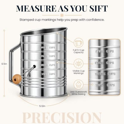 Bellemain Stainless Steel Flour Sifter for Baking with Hand Crank - 5 Cup - size: 5 Cup