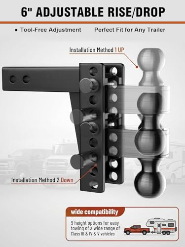 2" Adjustable Trailer Hitch with 2 Lock Pins, 6-Inch Rise/Drop - size: 6.0"