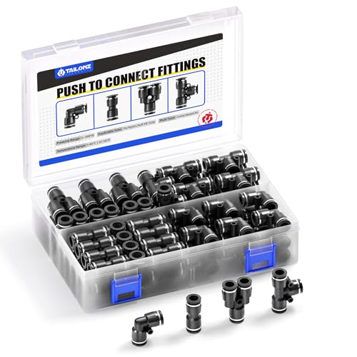 TAILONZ 1/4" Push to Connect Fitting Splitters+Elbows+Tees+Straight 80pcs - color: Black, size: 1/4"OD/80PCS