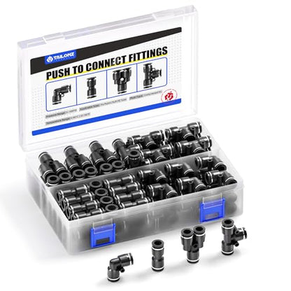 TAILONZ 1/4" Push to Connect Fitting Splitters+Elbows+Tees+Straight 80pcs - color: Black, size: 1/4"OD/80PCS