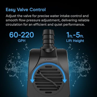 AC Infinity 220 GPH Submersible Water Pump (833 L/H, 18W). - size: 220 GPH