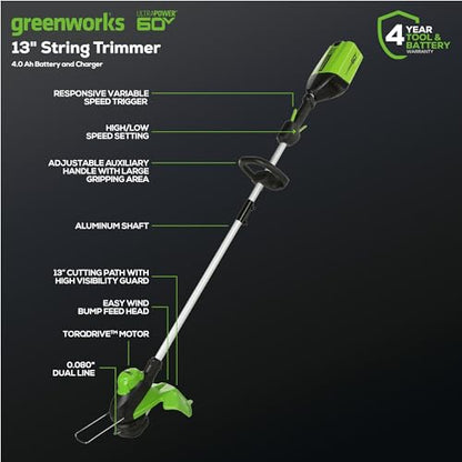 Greenworks 60V 13 in String Trimmer & 540 CFM Blower Combo, 2.5 Ah Battery - size: 60V 13" + 540CFM (4.0Ah), style: Trimmer + Blower Combo