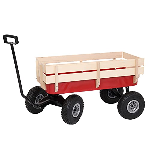VINGLI Cargo Wagon Garden Cart, All Terrain Wagon with Wood Railing 10-inch Pneumatic Turf Tires Children Garden Outdoor - color: Red