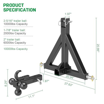 3 Point Trailer Hitch 2" Receiver Trailer Ball Hitch&Towing Hook for Cat.1 - color: Black