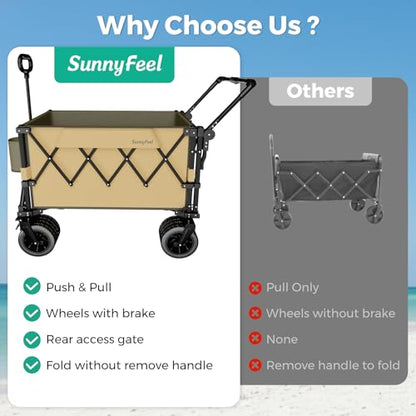SUNNYFEEL 550LBS Collapsible Wagon Cart - Heavy Duty Push Pull Foldable Wagon with Dual Handles and Big Wheel,Utility Cart with Rear Tailgate for Camping, Fishing, Gardening, Shopping, Grey - color: Brown
