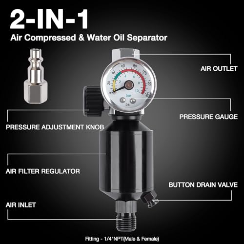 YUZES Spray Gun Air Regulator with Water Separator, 1/4" NPT, 0-140 PSI