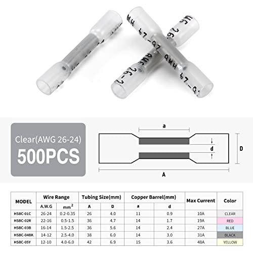 500PCS Heat Shrink Butt Wire Connectors 12-10 AWG, Insulated Waterproof Electrical Wire Connectors Automotive Marine Grade Wire Crimp Terminals Butt Splices, Ideal for Boat, Truck, Clear - size: 12-10 AWG - Clear 500 PCS