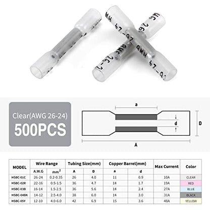 500PCS Heat Shrink Butt Wire Connectors 12-10 AWG, Insulated Waterproof Electrical Wire Connectors Automotive Marine Grade Wire Crimp Terminals Butt Splices, Ideal for Boat, Truck, Clear - size: 12-10 AWG - Clear 500 PCS