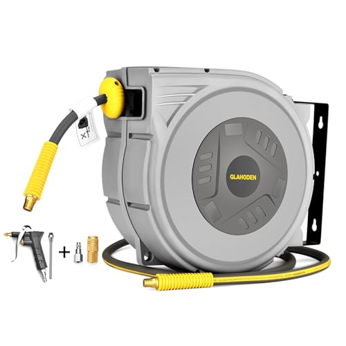 GLAHODEN Enclosed Retractable Air Hose Reel, 3/8 in x 80 Ft Hybrid Hose Air Compressor Hose Reel with 6 Ft Lead in Max 300 PSI Patented Design for Any Length Lock 180°Swivel Bracket Quick Coupler - size: 3/8 inch 80 Ft