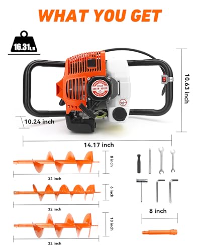 NEO-TEC 63CC Post Hole Digger Gas Powered Auger w/ 6" 8" 10" Bits & 3 Ext
