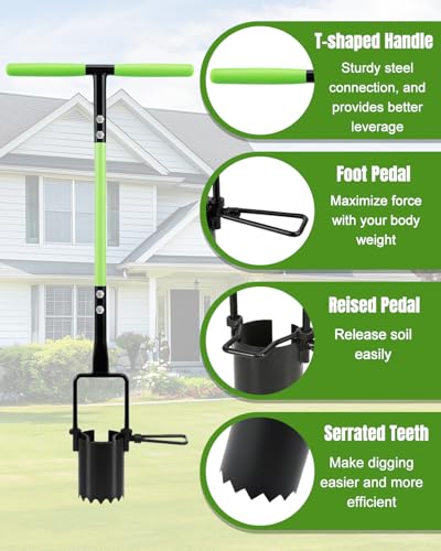 30in Long Handle Bulb Planter Tool, 5 in 1 Lawn Tool with Serrated Base - color: Green