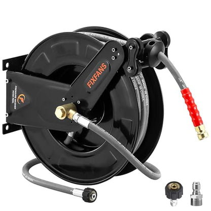 FIXFANS Pressure Washer Hose Reel with Hose for Hot Cold Water, 3/8" X 50FT - size: 50 FT