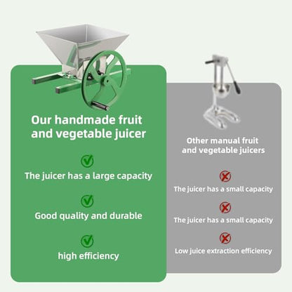 Master Manual Fruit Crusher, 7L/1.8 Gallon Capacity, Stainless Steel Construction, Green Frame, Wine and Apple Press with Juicing Roller