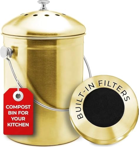 Epica Kitchen Compost Bin for Kicthen Countertops, 1.3 Galllon - Gold - color: Gold
