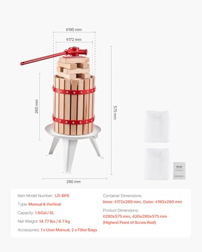 VEVOR 1.6 Gal/6L Fruit Wine Press, Solid Wood Basket with 8 Blocks, Heavy Duty Manual Juice Maker, Cider Apple Grape Tincture Honey Olive Oil Making Press with Handle for Kitchen, Home - size: 1.6 Gal