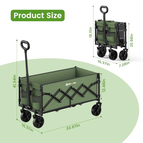 Blomoba 35" Extra Long Folding Wagon with Adjustable Handle & Wheels, Green - color: Green