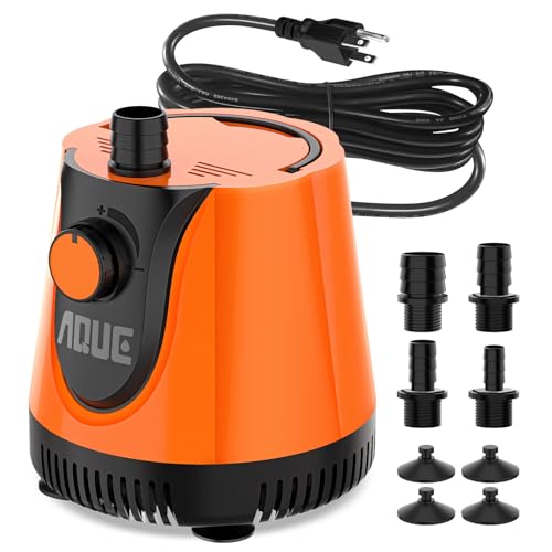 AQUE Silent Submersible Pump, 360° water intake, adjustable flow. For fish tanks, ponds, aquariums, waterfalls, fountains & hydroponics. Includes 6-ft cord & 4 nozzles. (60W) - size: 60W 850GPH