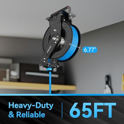 Relhost Retractable Air Hose Reel, 65 ft x 3/8 in Hybrid Air Hose Max 300PSI, Heavy Duty Air Compressor Hose Reel with Dual Arms, Auto Rewind, 180° Swivel Ceiling/Wall Mount for Garages, Workshops - size: 65FT 180° Swivel