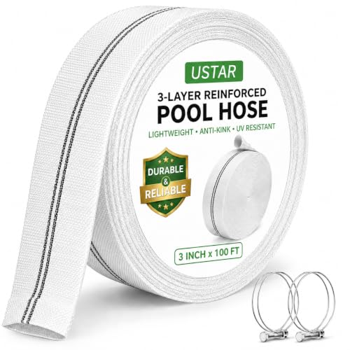 Pool Backwash Hose, 3 Inch x 100 FT Heavy Duty Lay Flat Discharge Hose with 2 Stainless Steel Clamps, Reinforced Polyester PU Lining for Sump Pump, Drainage & Irrigation - size: 3in x 100 FT