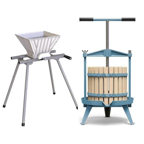 SQUEEZE master Fruit Wine Cider Press - Solid Wood Basket- 4.75 Gallon/18L-T Handle Bar with Fruit Apple Wine Classic Crusher -7 Litre/1.8Gallon Manual Grinder