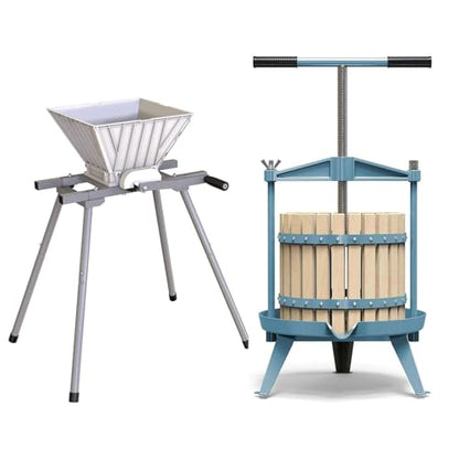 SQUEEZE master Fruit Wine Cider Press - Solid Wood Basket- 4.75 Gallon/18L-T Handle Bar with Fruit Apple Wine Classic Crusher -7 Litre/1.8Gallon Manual Grinder