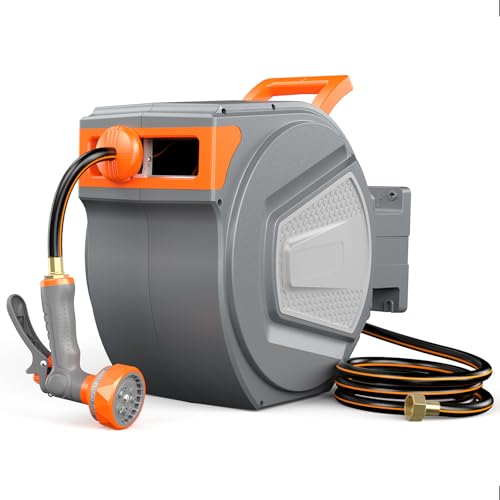 DUMOS Retractable Garden Hose Reel, 1/2 in X 130 ft Water Hose with Nozzle - color: Orange and Grey, size: 1/2" x 130 FT