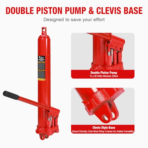 Big RED AQD8DR Hydraulic Long Ram Jack 8 Ton Heavy Duty Engine Hoist Cylinder with Double Piston Pump & Clevis Base- Professional Hydraulic Ram Cylinder for Garage Repair, Auto Shop, Farm Equipment - style: 8 TON/DOUBLE PUMP/New VERSION