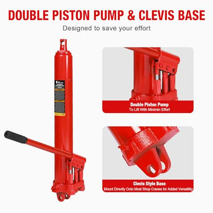Big RED AQD8DR Hydraulic Long Ram Jack 8 Ton Heavy Duty Engine Hoist Cylinder with Double Piston Pump & Clevis Base- Professional Hydraulic Ram Cylinder for Garage Repair, Auto Shop, Farm Equipment - style: 8 TON/DOUBLE PUMP/New VERSION