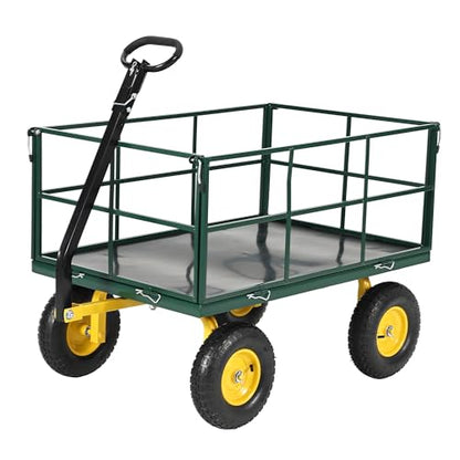 1500 lbs Heavy Duty Steel Garden Cart, 3-in-1 Utility Wagon for Lawn Gardening Farm, Removable Mesh Sides Flatbed with 13" All-Terrain Tires, 180° Rotating Handle, Dark Green Frame - color: Green, size: 1500 Lbs